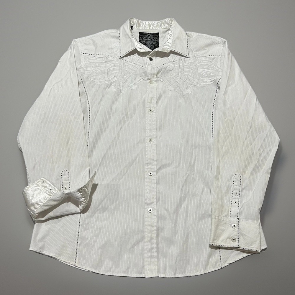 Y2K Roar Mens White Heavy Embroidered Western Grunge Button Up Shirt 2XL